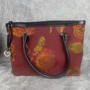 BRIGHTON Roses Tapestry & Leather Floral Tote‎ Bag Shoulder Braided Handle Purse
